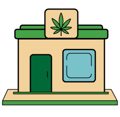 Green and tan dispensary icon with a sign on top featuring a cannabis leaf