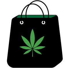 Black shopping bag with a green cannabis leaf on the front