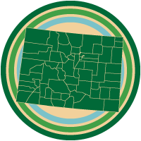 Green icon of Colorado with different counties outlined, over a blue and green circle